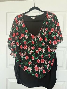 Simplicity Black Floral V-Neck Layered Blouse with Red and Pink Blooms